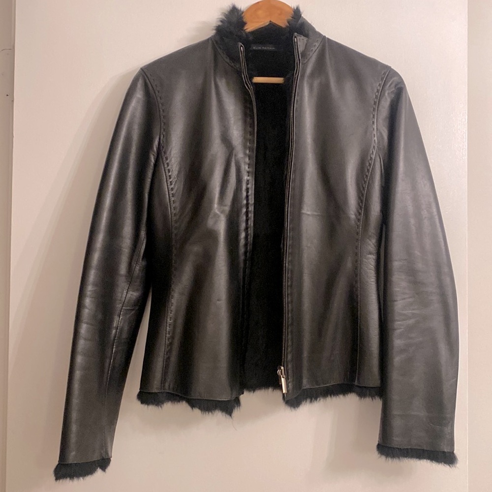 Elie Tahari brand new without tags leather shirt jacket with fur inside.